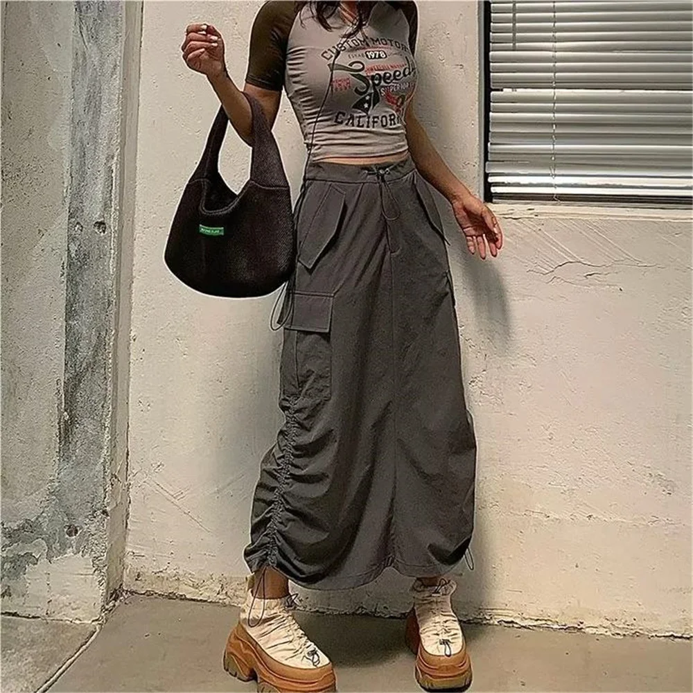Korean fashion midi skirts for women vintage clothes cargo skirts womens 2024 Summer long cargo skirt black y2k streetwear
