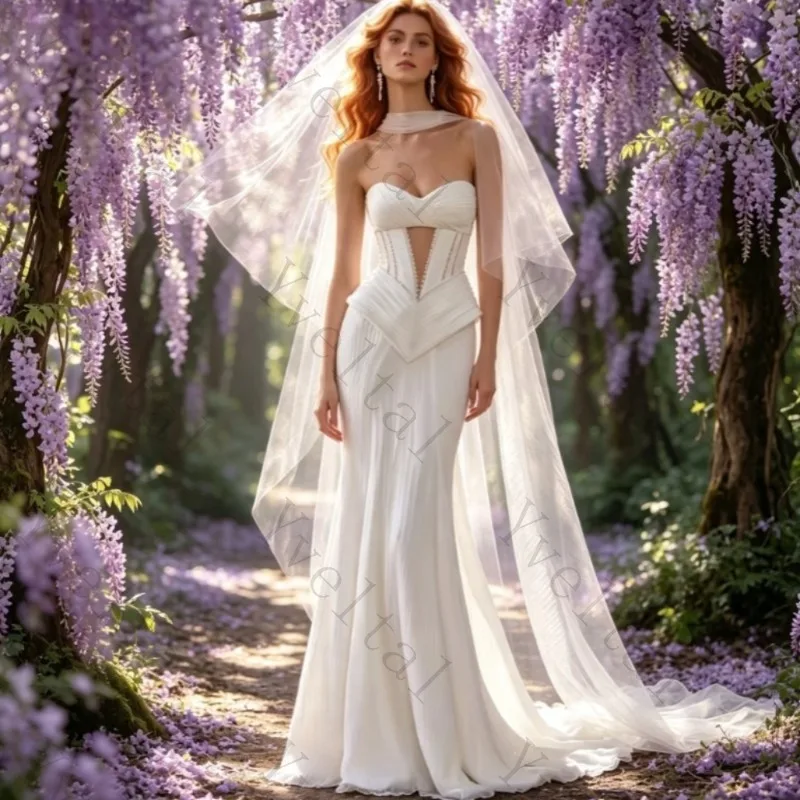 Customized Graceful Charming Temperament Pleat Mermaid Wedding Dresses Scarf Crystals Sleeveless Bridal Gown Lace-up Vestidos