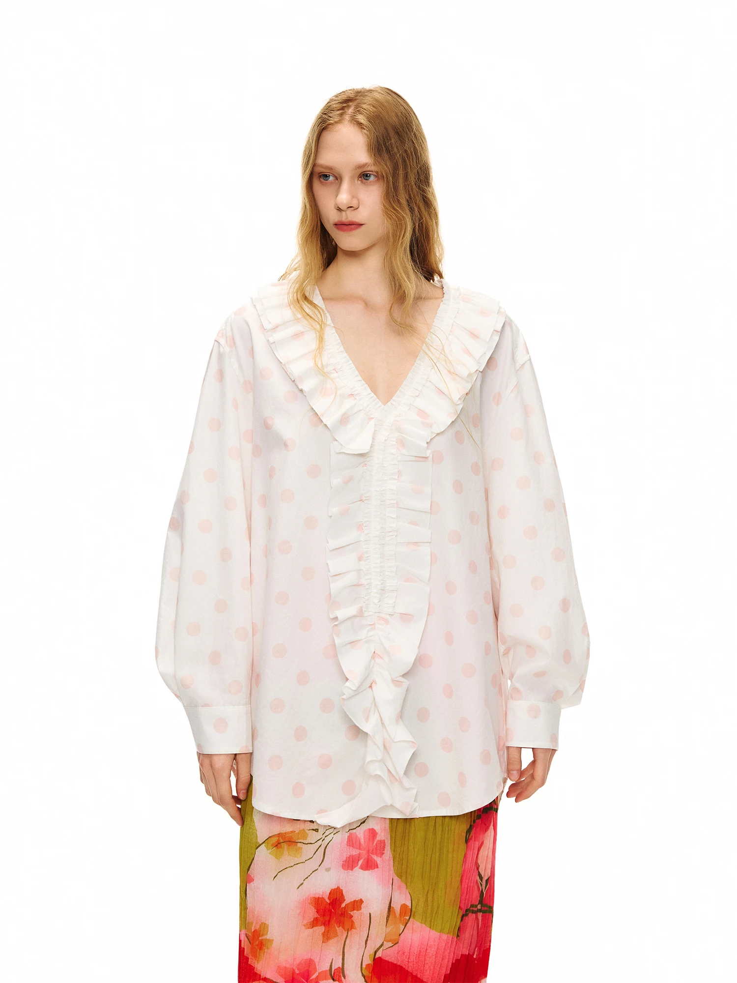 

Outthe Blue Sakura Pink Spring New Cotton Polka Dot Lace Collar irt Women's Casual Sle Loose Fit Long Sve Blouse