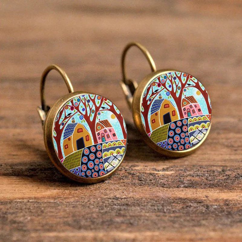 Fashion Jewelry Dome Glass Alloy Earrings Beautiful House Pattern Bronze Color Creative Gifts