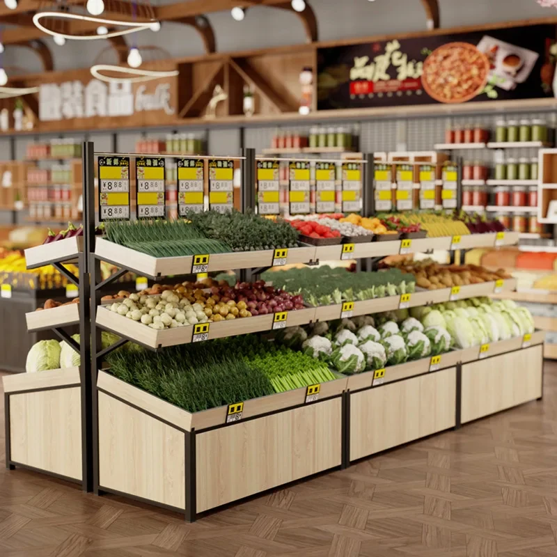 custom.Custom Size Supermarket Shelves Fruit and Vegetable Display Rack Wooden Grocery Store Metal  Shelves