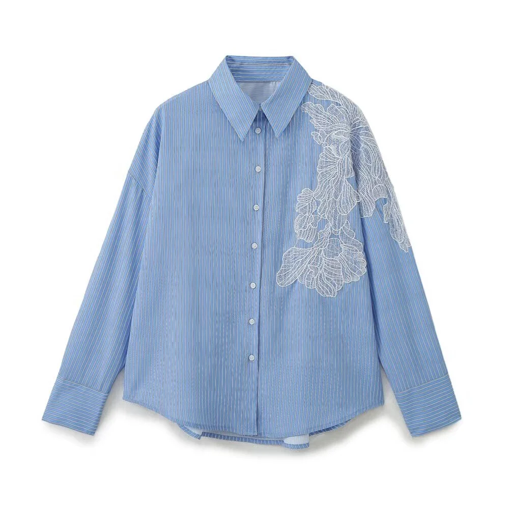 Taop&Za's 2024 Summer New Women's Fashion and Casual Versatile Embroidered Flower Decorative Striped Shirt