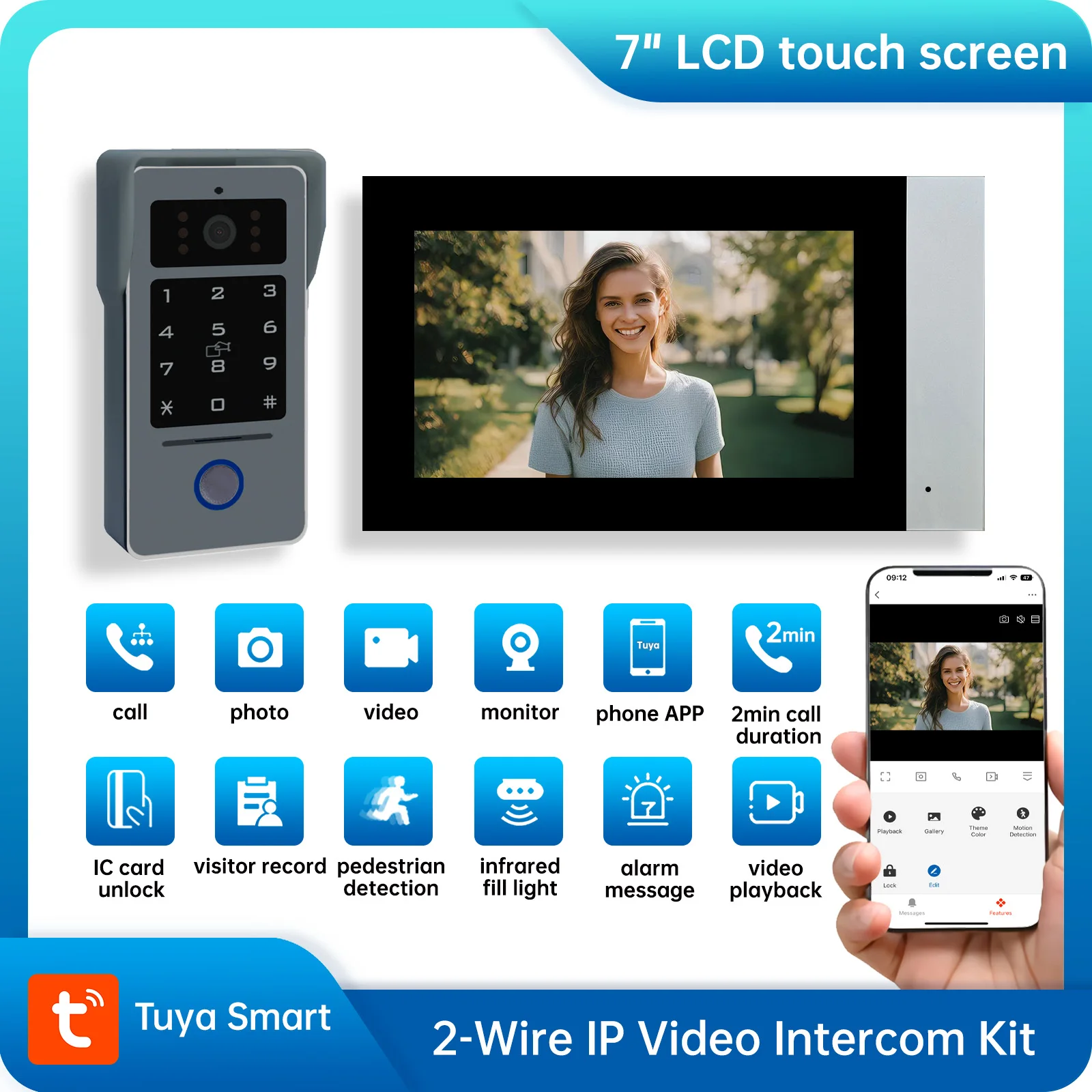 2 Wire Doorbell Intercom System 7" IPS LCD Video Phone Night Vision RFID Unlock Wireless Video Intercom 1080P Tuya Smart