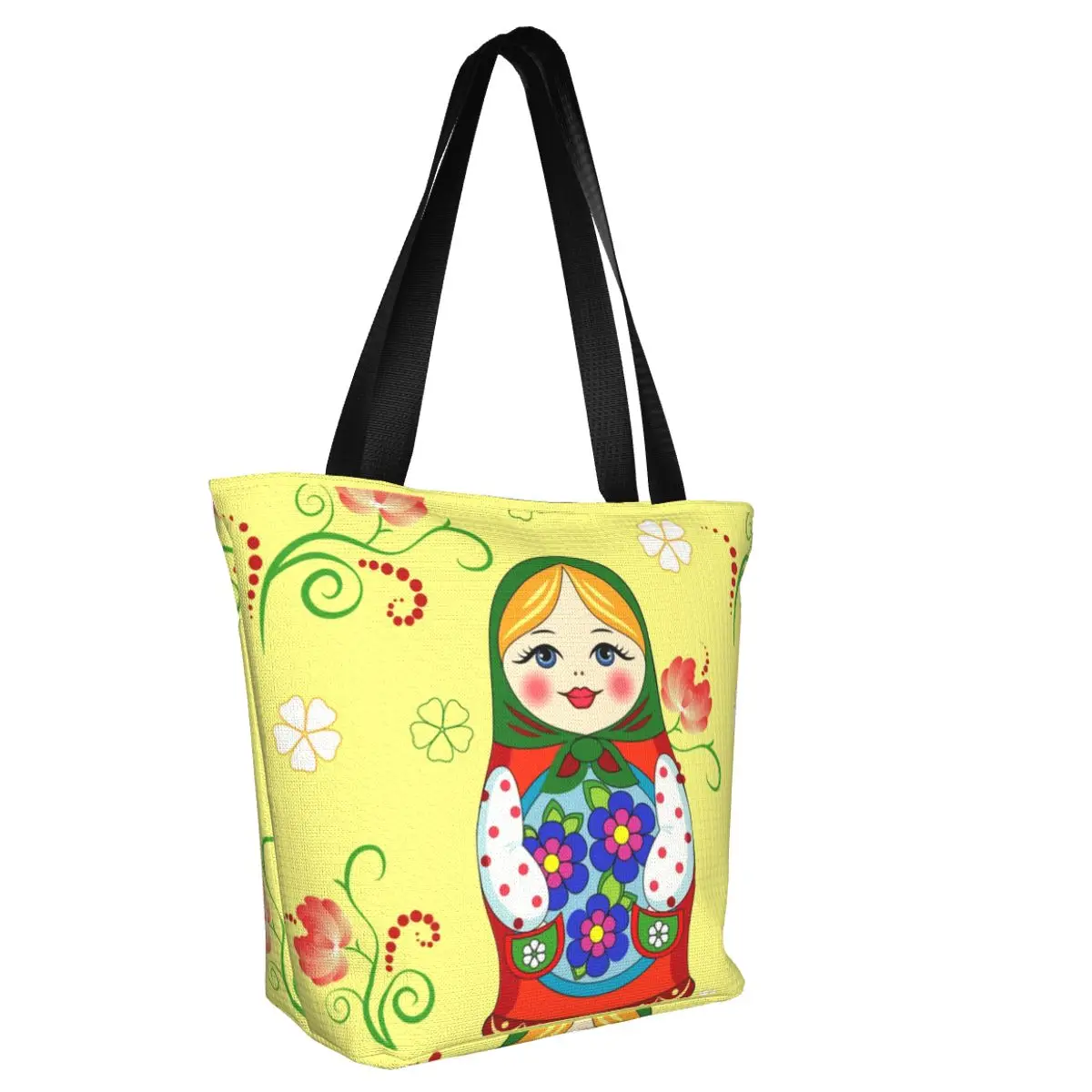 Adorable Russian Doll Groceries Shopping Bag Printed Canvas Shopper Shoulder Tote Bags Big Capacity Matryoshka Art Handbag