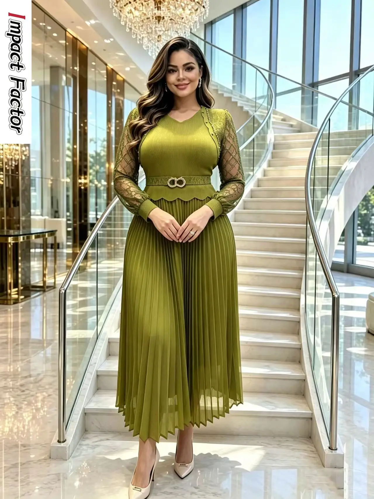 2026 Miyake Autumn New Solid Color Beaded Lace Splicing Women's Lantern Sleeve Pleated Elegant Dress