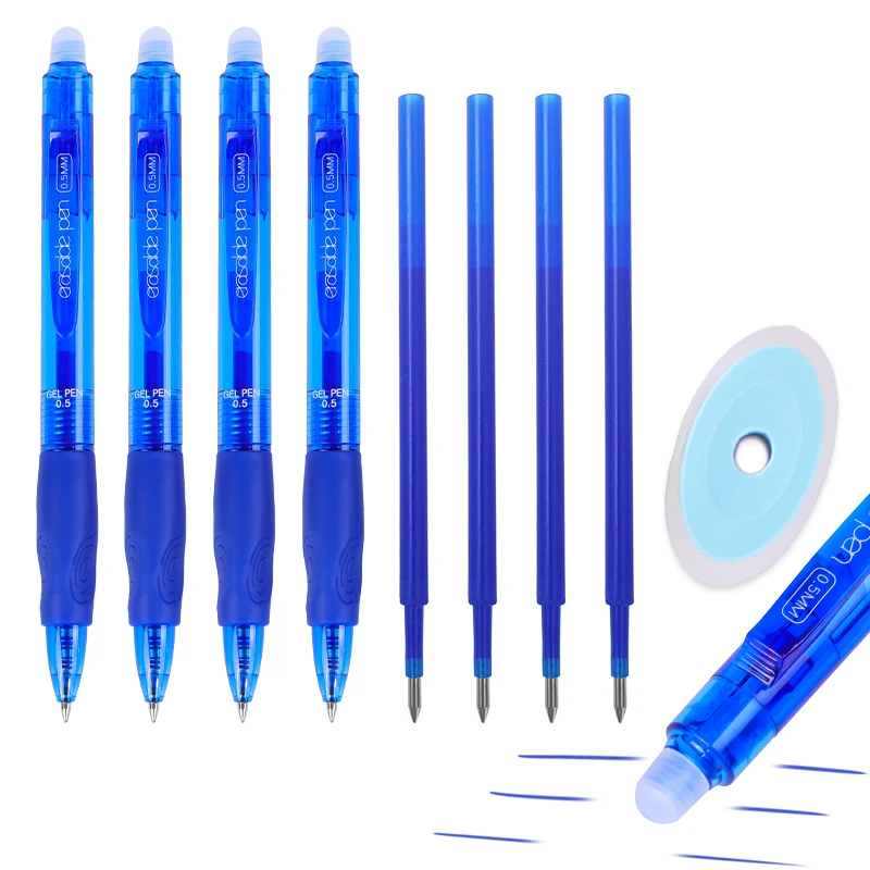4pcs Black Blue Press Erasable Gel Pens 0.5mm +4pcs Refill +1 Rubber Pen for Drawing Writing Gel Ink Rollerball Pen Stationery