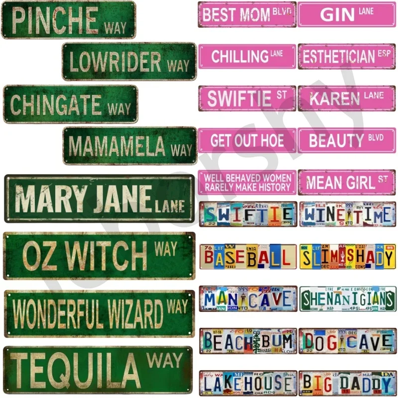 Vintage-Style Humorous Metal Tin Sign 'Pinche Way Street' Poster Plate with Lowrider Chingate And Memamela Design for Man Cave D
