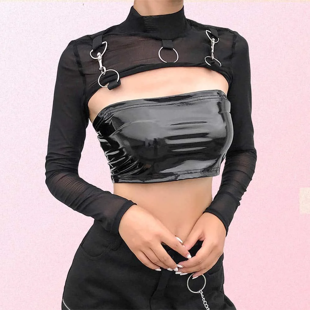 Women\'s Gothic Mesh See Through Long Sleeve Turtleneck Bolero Shrug Crop Tops Black O-ring Metal Detail