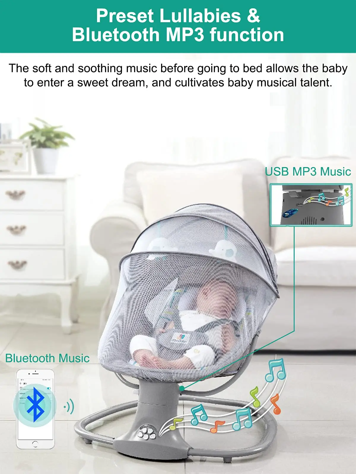 Kursi sandaran bayi baru lahir, kursi goyang untuk bayi nyaman tidur sambungan elektrik Bluetooth kursi bayi