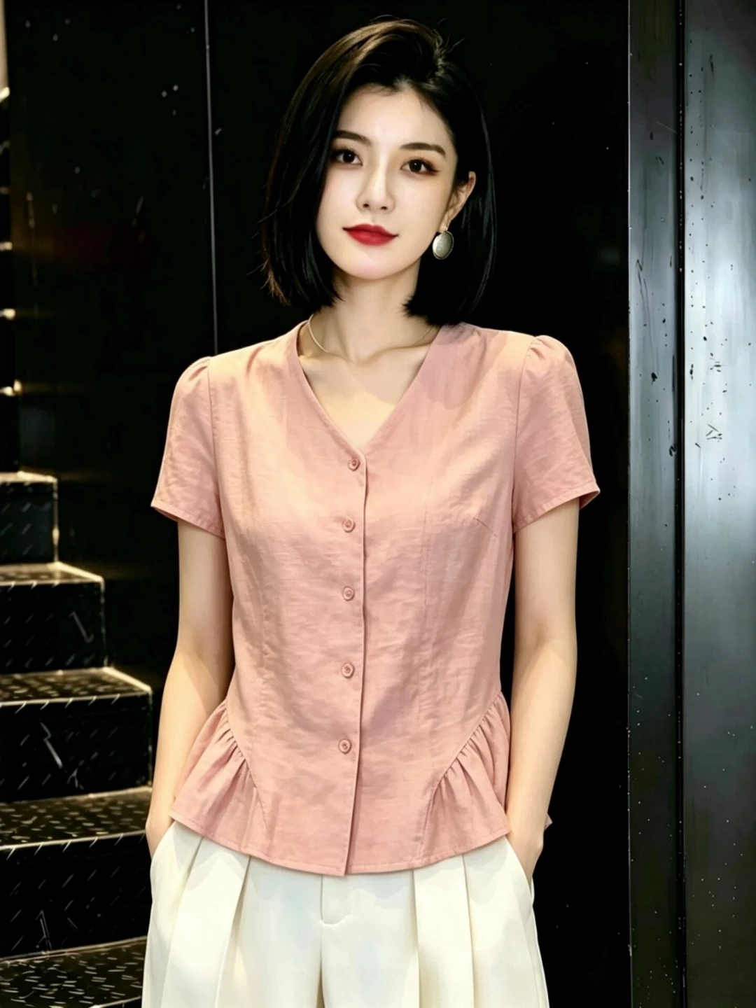 

Stylish Short Sleeve Shirt Women plus Size Slimming Summer Fashionable Top Korean Style Commute V-neck Button-down Shirt
