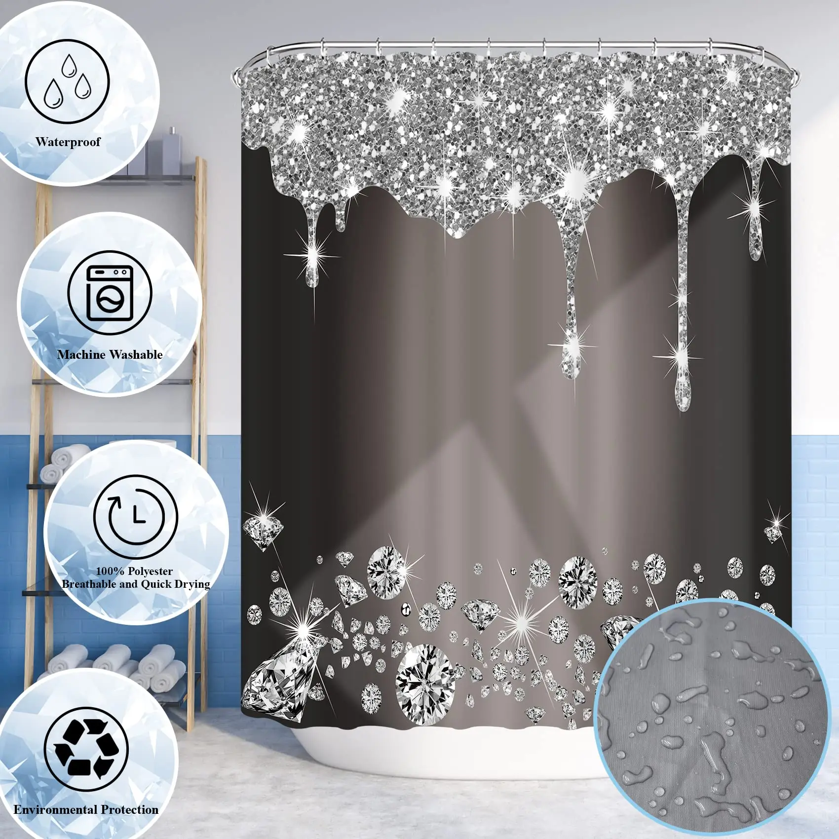 1Pc Sparkling Diamond Shower Curtain Waterproof Bathroom Curtains With Hooks Durable Bathtub Curtain Bathroom Accessories