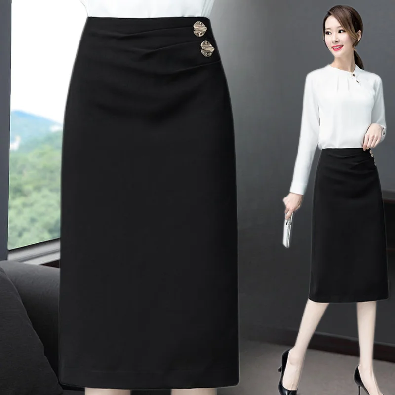 2023 New Spring Formal Buttons Solid Color High Waist A-line Skirt Women Clothing Temperament Pleated Slim Midi Dress Ladies