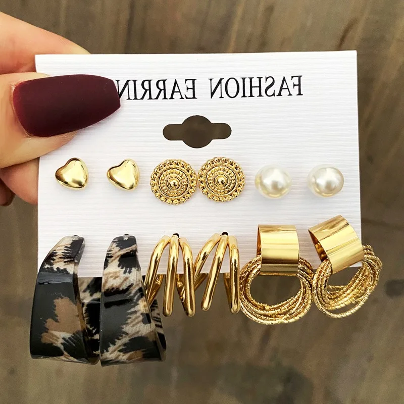 Leopard Print Enamel Layered Geometric Butterfly Heart Stud Earrings with Faux Pearl Vintage Twist Set of 6 for Women Daily Use