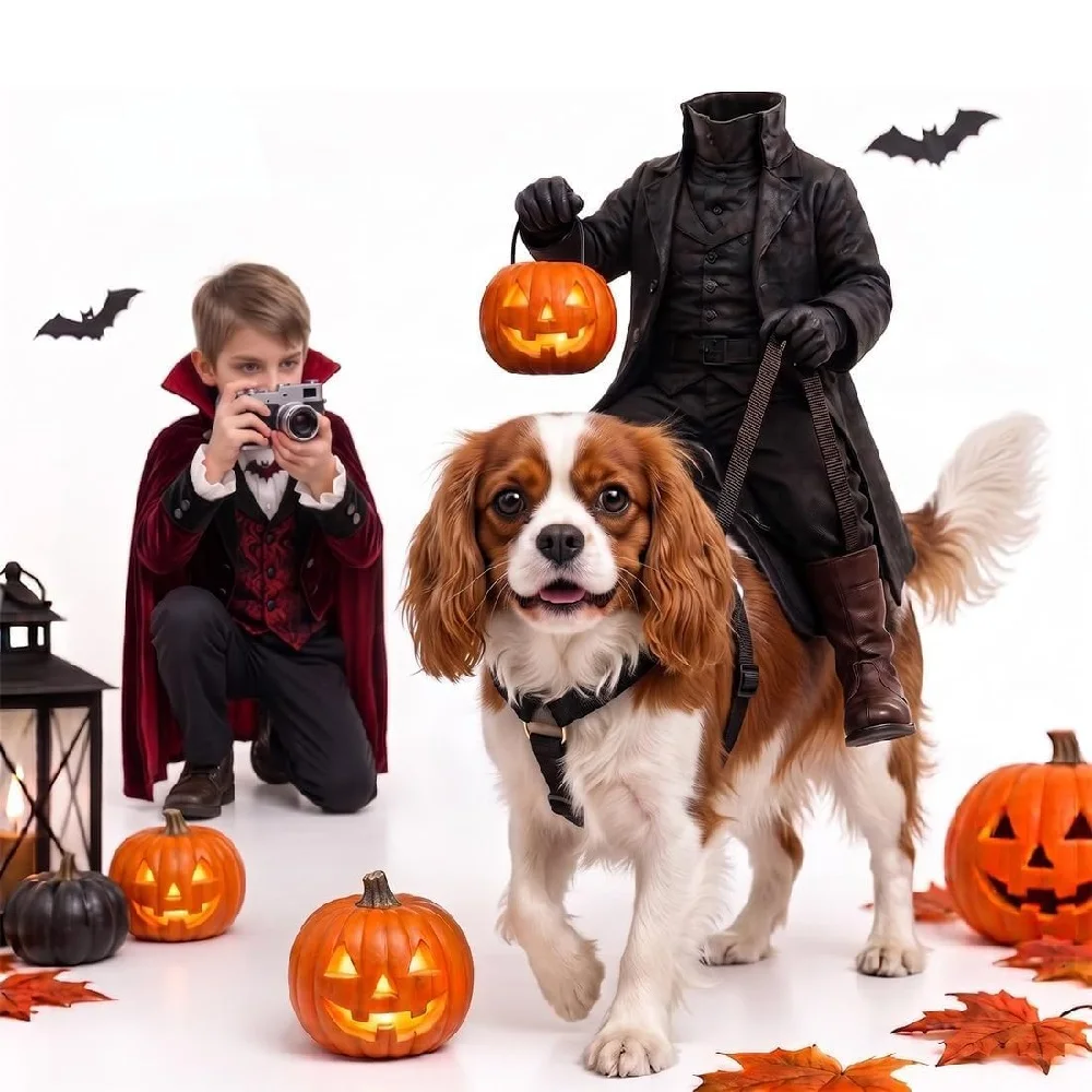 Costume de chevalier sans tête pour animaux de compagnie, idéal pour une fête d'Halloween, costume effrayant 3D d'équitation, illusion réaliste, tenue de cosplay de cavalier sombre pour les photos.