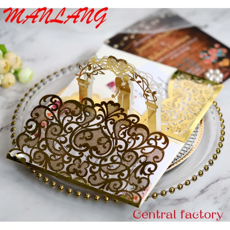 Custom  Joytop Custom Printing Golden Glitter Bride And Groom 3D Up Card Laser Cut Wedding Invitation Card Luxury