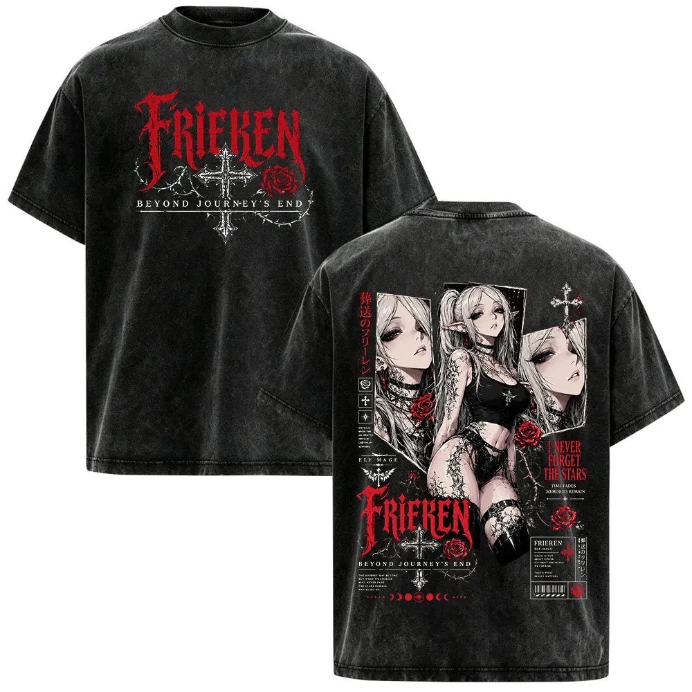 Anime Frieren Beyond Journey's End Vintage Washed T-shirt Men's Women Clothing Fashion Short Sleeve Casual T Shirts Streetwear