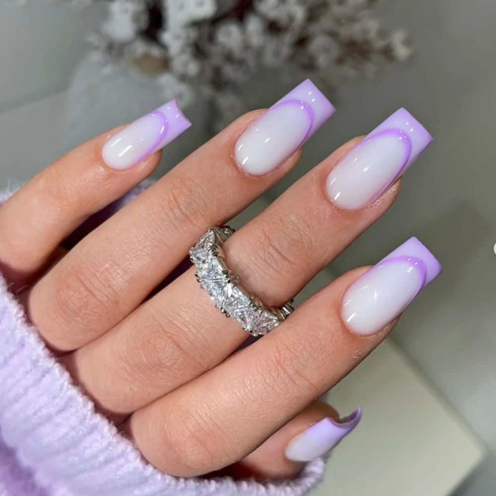 

10Pcs French Handmade Manicure Medium Coffin Fake Nails Purple Limited Nails Press On Nails Design with Adhesive Nail File Set
