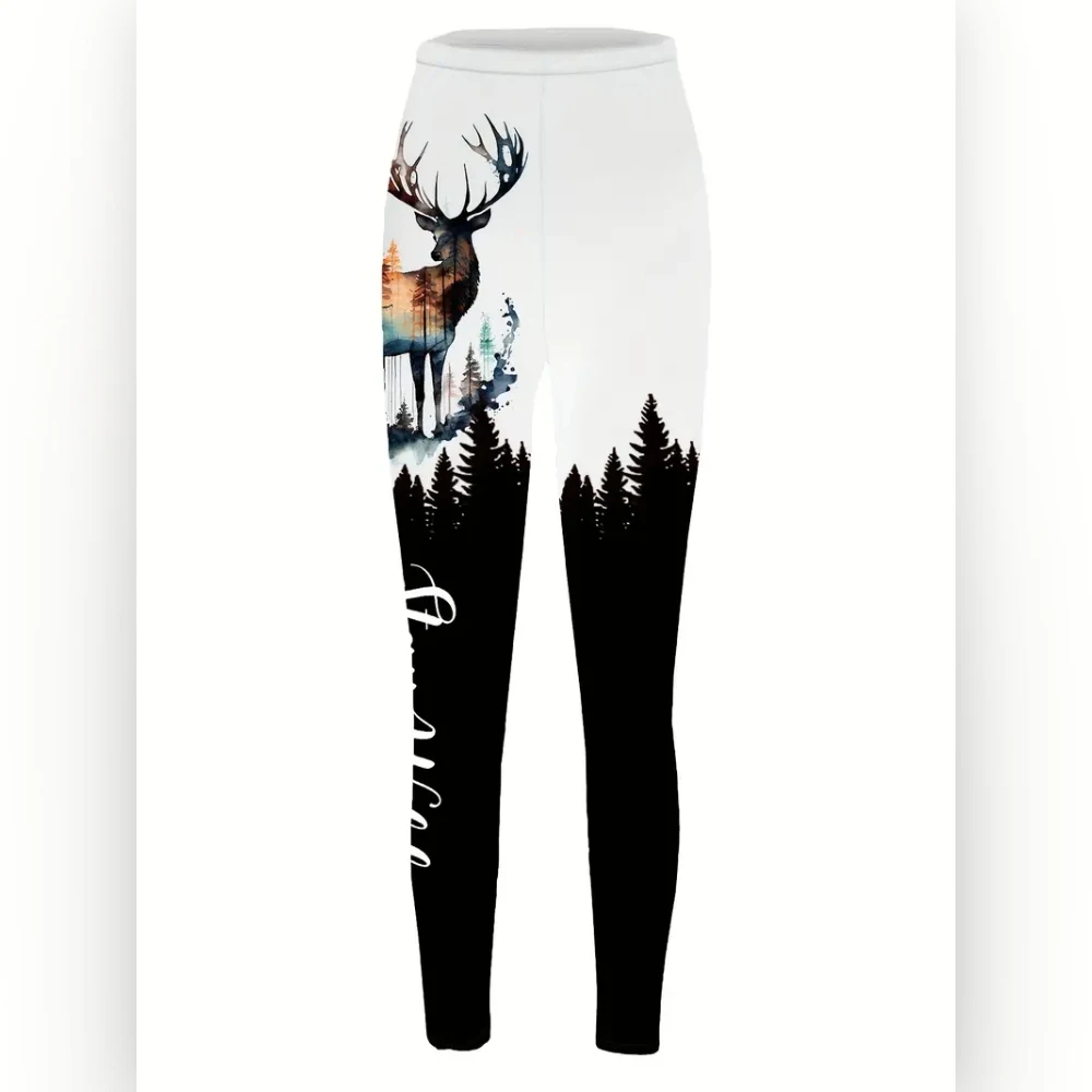 Forest and deer print stretch elastic waist slim casual leggings for women