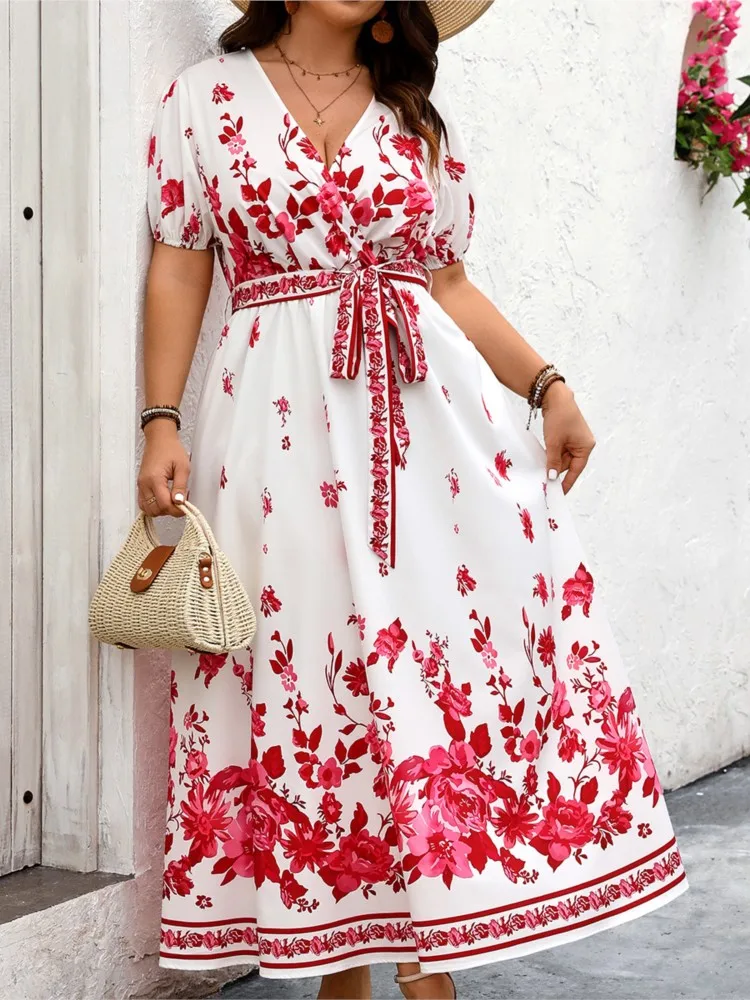 Plus Size Summer New V-Neck Long Dress Women Flower Floral Modis Lantern Sleeve Ladies Dresses Loose Ruffle Pleated Woman Dress