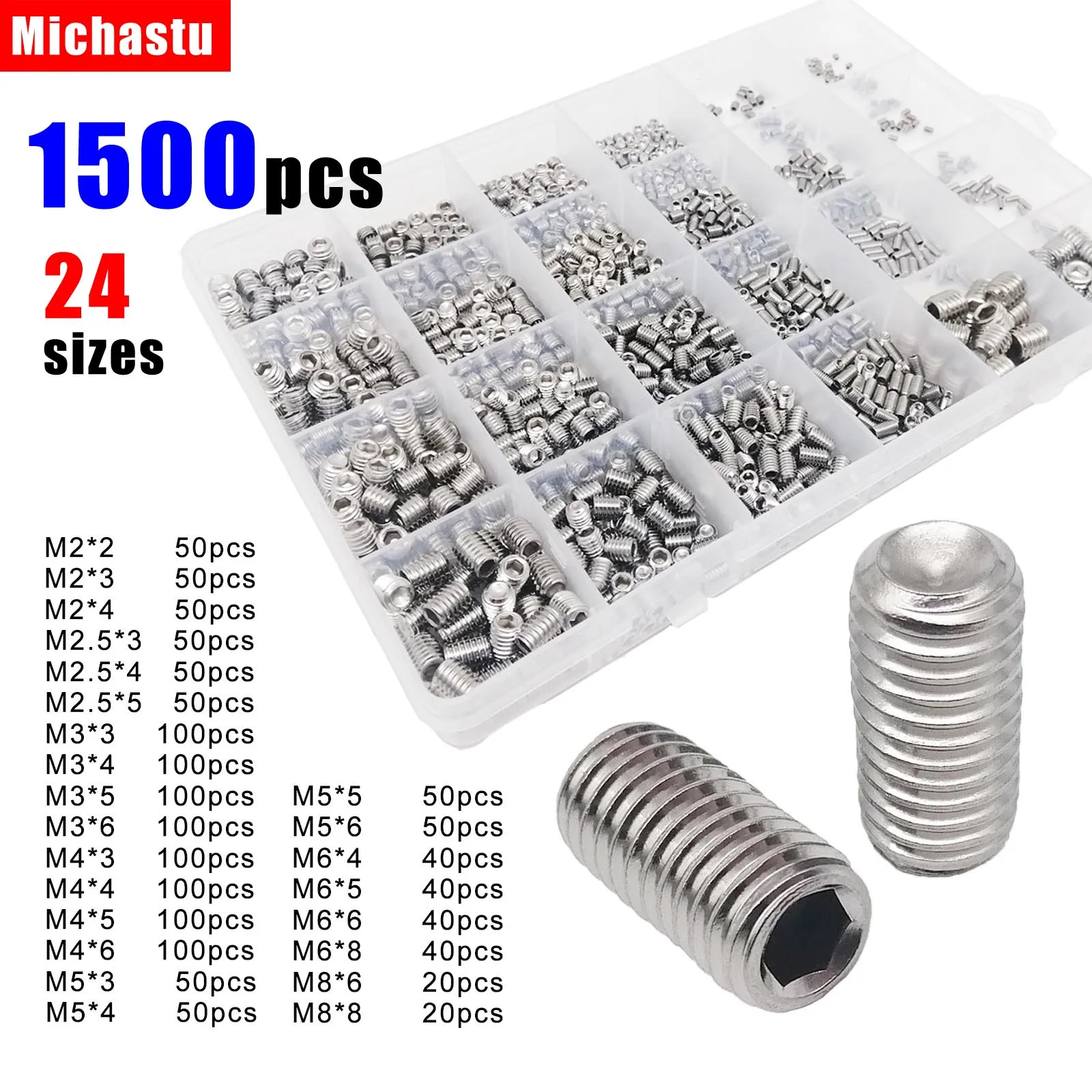 1500pcs/box Hex Hexagon Socket Allen Cup Point Set Screw Grub Bolt Mix M2 M2.5 M3 M4 M5 M6 M8 Kit DIN916 304 A2 Stainless Steel