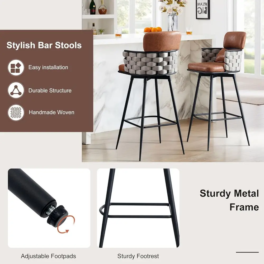 Bar Stools Set o 2, 26inch Counter Height Bar Stools, Swivel Hand-Woven Barstool, -Century Upholstered Suede abric Bar Chair wit view 4