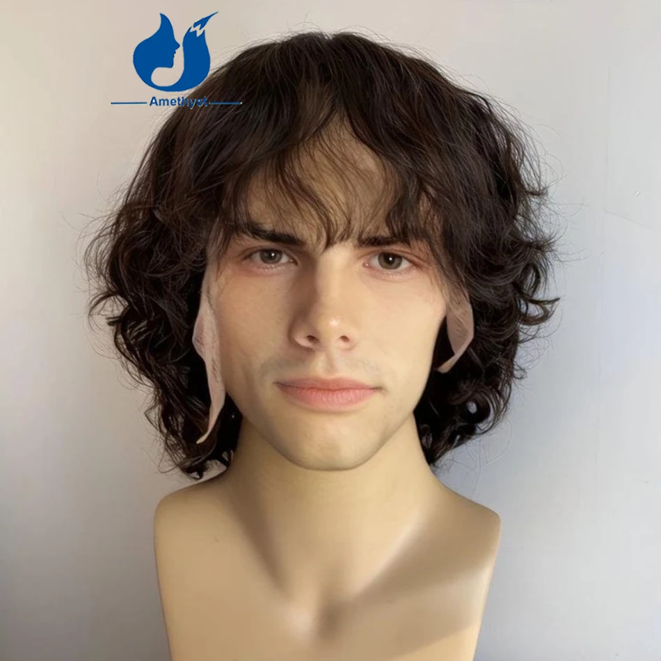 

Amethyst 13x6 Natural Curly Lace Front Wig for Men Brazilian Remy Human Hair with Bangs Pre Plucked Short Bob Male Hair Wig