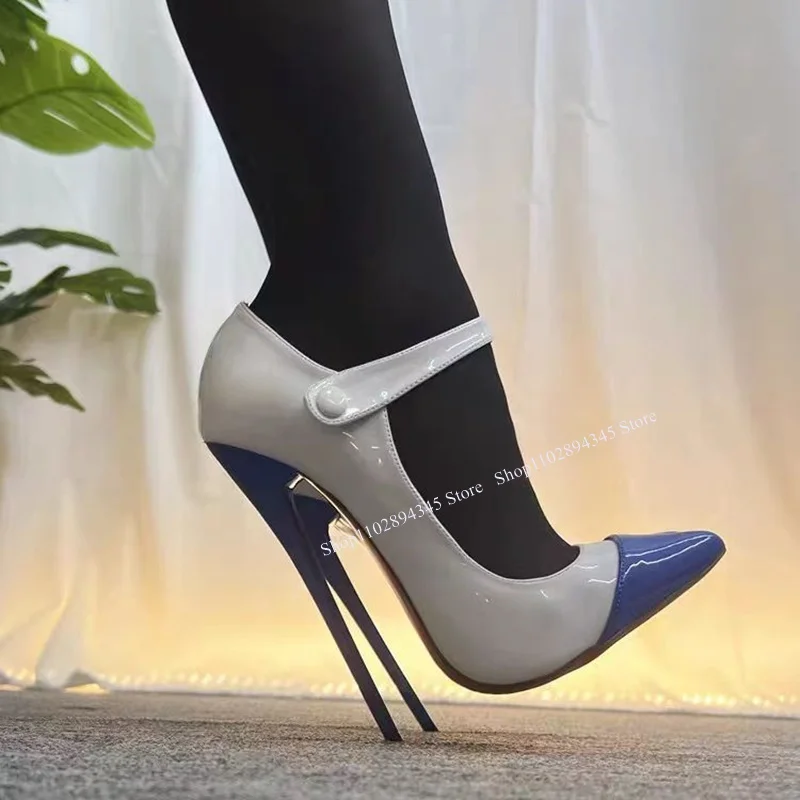 

White Blue Buckle Patent Leather Pumps Thin High Heel Pointed Toe Fashion Sexy Cool Summer Big Size Woman Shoes Zapatillas Mujer