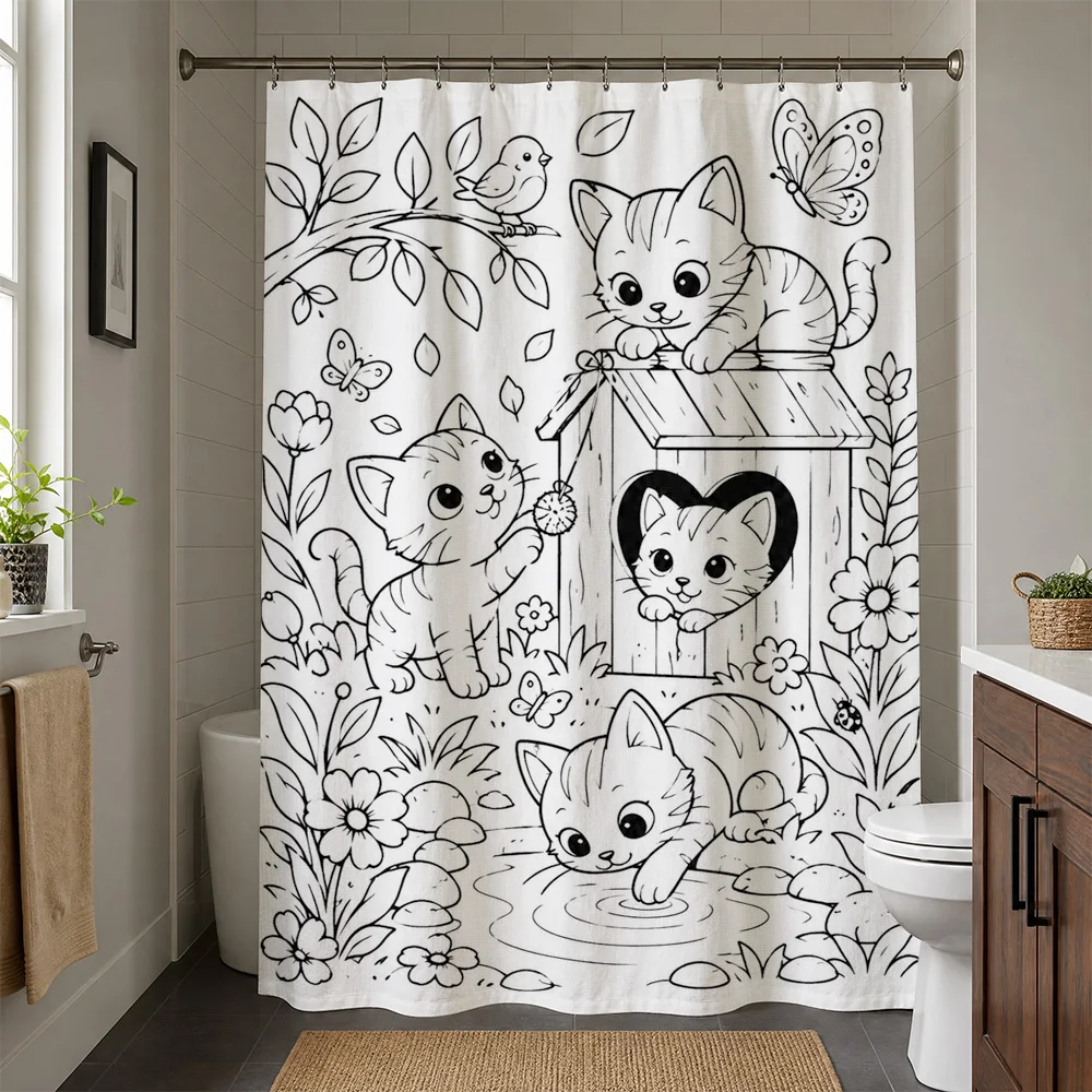 Cute Kitten Forest Friends Line Art Shower Curtain Bathroom Decor Kawaii Animal Print Shower Curtain