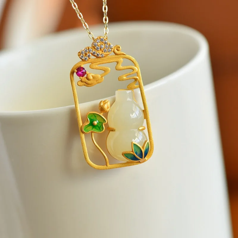 

S925 Silver Inlaid Hetian White Jade Gourd Hollow Square Pendant Linlang Women'S Collarbone Chain