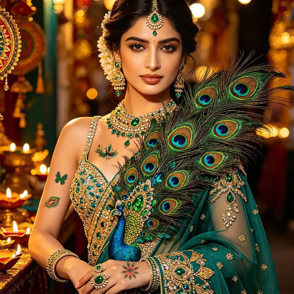 Peacock Pattern Diwali Sticker No Reflection Matte Finish Diwali Tattoo Sticker Persistent Green Diwali Disposable Tattoo