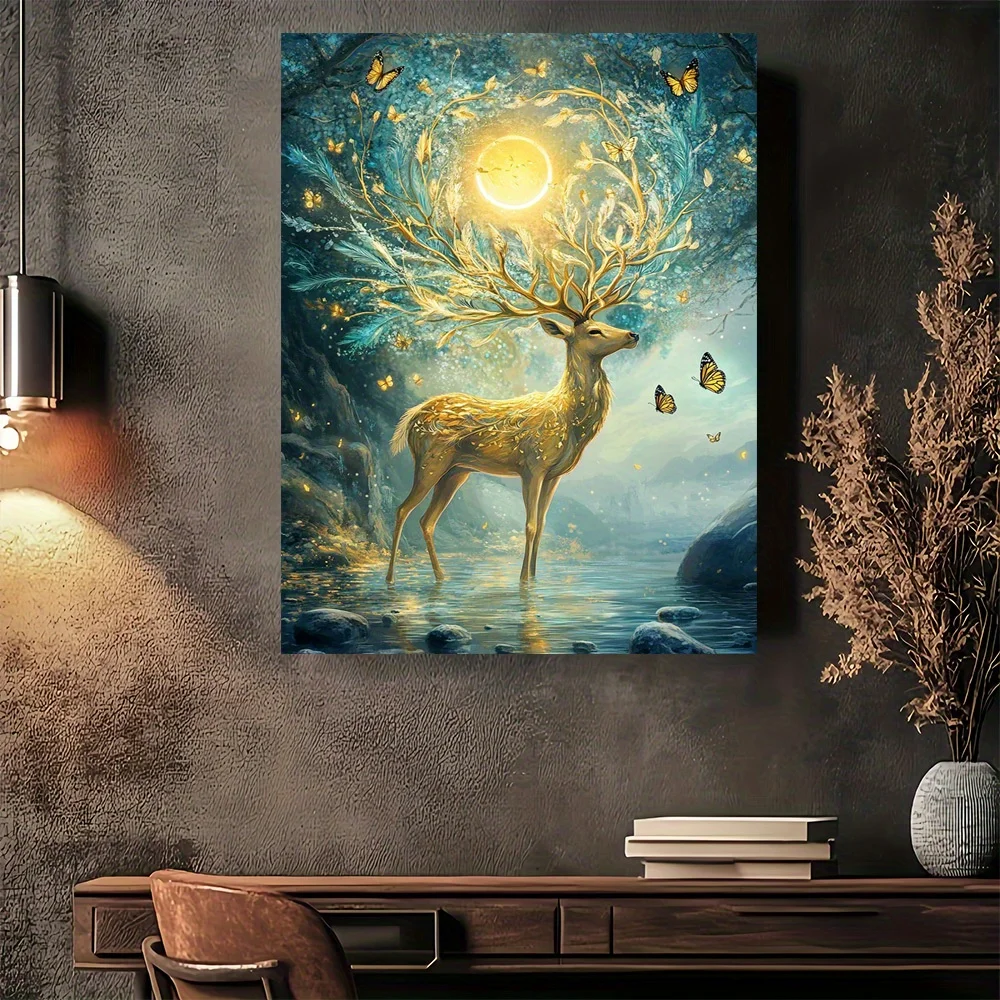 2D Flat, 1pc Enchanted Forest Deer Fantasy Frameless Canvas Wall Art - Modern Vintage Design with Golden Deer, Glowing Butterfli