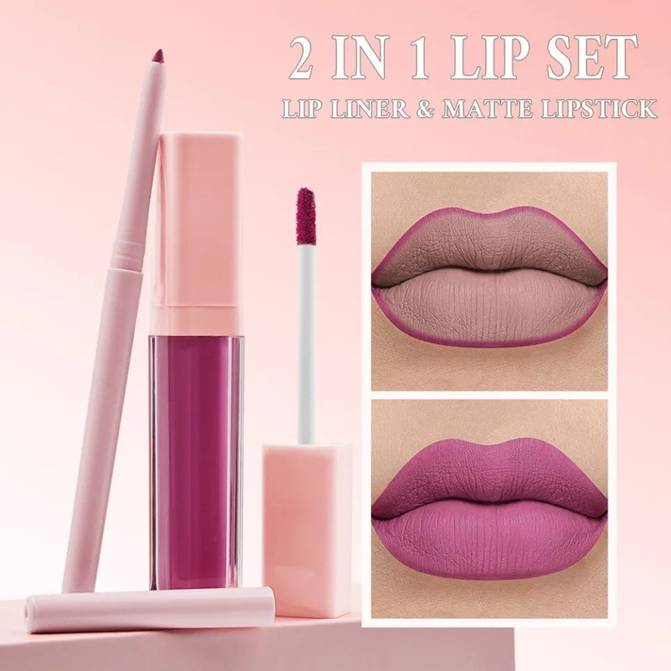 มังสวิรัติ 2in1 Lip Kit ฉลากส่วนตัว Matte Waterproof Lip Gloss Lip Liner Non Transfer ยาวนานขายส่งแต่งหน้าชุดโลโก้ที่กําหนดเอง