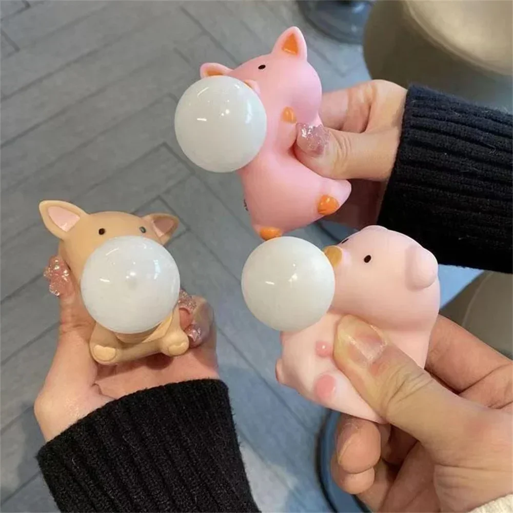 Cartoon TPR Pig Spit Bubbles Pinch Music Vent Toys Squeeze Bubbles Decompression Release Artifact Doll Kid Adult Stress Relief