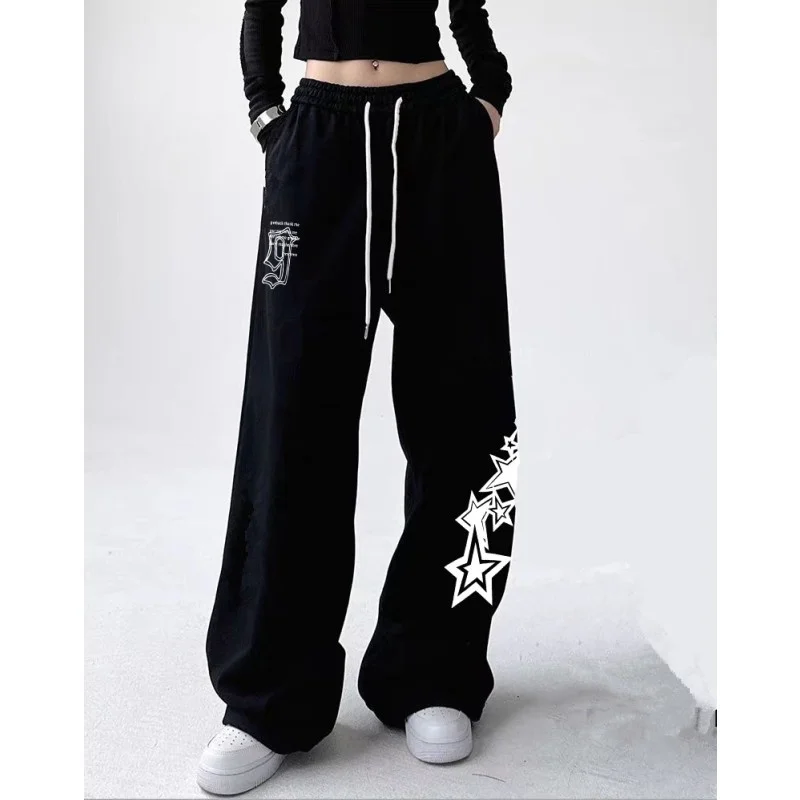 Letter Star Print Design Sweatpants Women American Street Style Wide Leg Pants Women Spring Summer Trendy 2024 Long Trousers