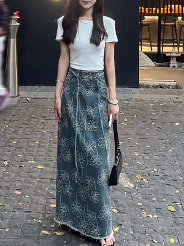 

Retro American Embroidered Denim f Skirt High Waist Slim A-Line Long Skirt for Women Summer Trendy Split Korean Sle