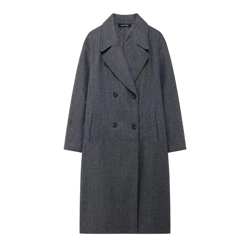 

Зимнее пальто для женщин 2024, однотонное двубортное длинное кардиган с лацканами, топ, женский уличный женский карман, новое верхнее пальто