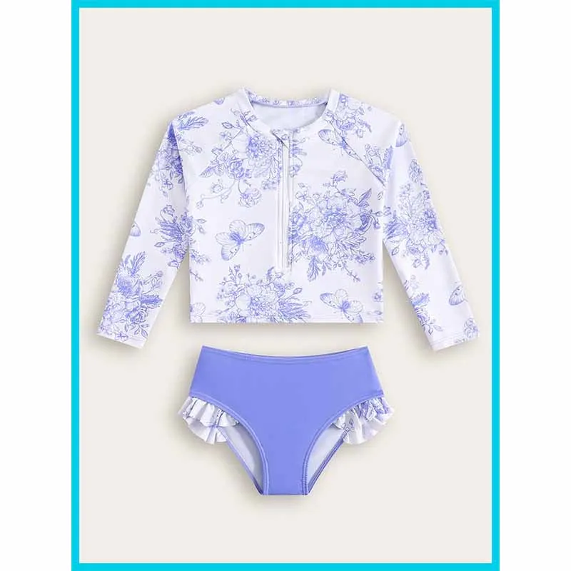Girls Swimsuit Sets Children Butterfly Swimwear Suit Summer Long Sleeve Sun Protection Beachwear Kid Split Swimming Clothes 2Pcs