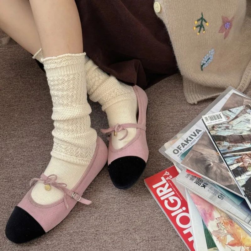 

SP&CITY Retro Knitted Hollow Out Calf Socks Women's Solid Color Mid Tube Casual Socks Korean Fashion Breathable Casual Pile Sock