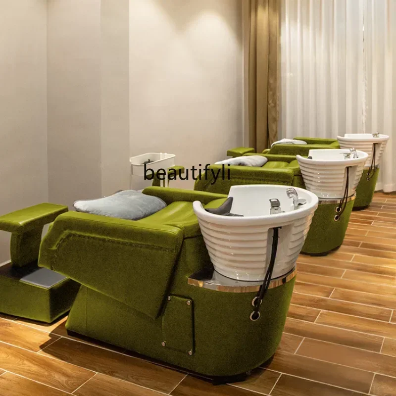 

zzHair Salon Flush Leather Shampoo Chair Hair Salon Lying Half Shampoo Chair High-End Stainless Steel Deep Basin Ceramic Basin