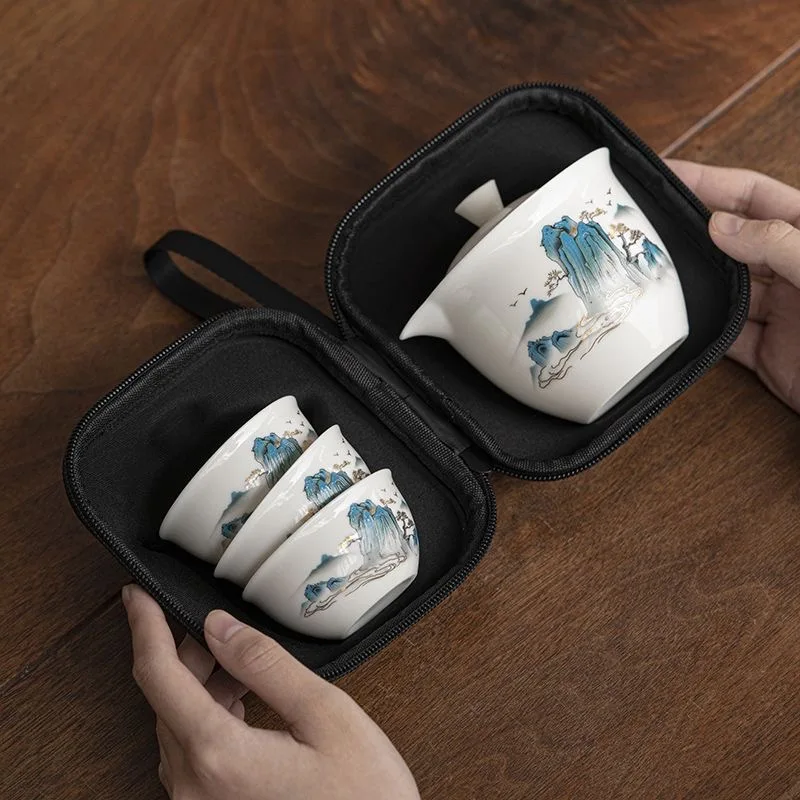 

Travel Tea Set With Handbag Ceramic Teapot With Infuser and Three Gongfu Tea Cups Portable Travel Bag