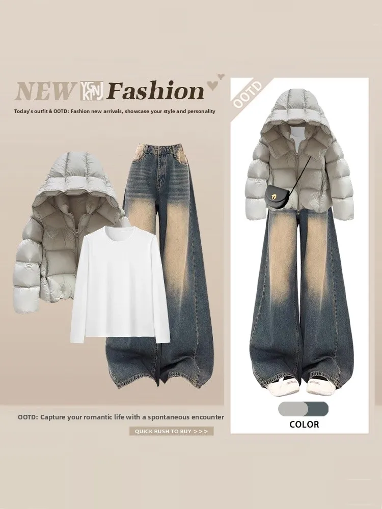 

Теплый женский комплект в американском стиле, свободные джинсы с высокой талией, хлопковая куртка или Sle, зимняя модная верхняя одежда, костюм-футболка