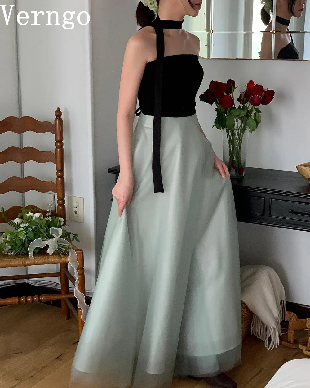 Verngo Tulle Prom Gown Off The Shouldr A Line Contrast Color Evening Dress Women Simple Korea Prom Dress 피로연 드레스