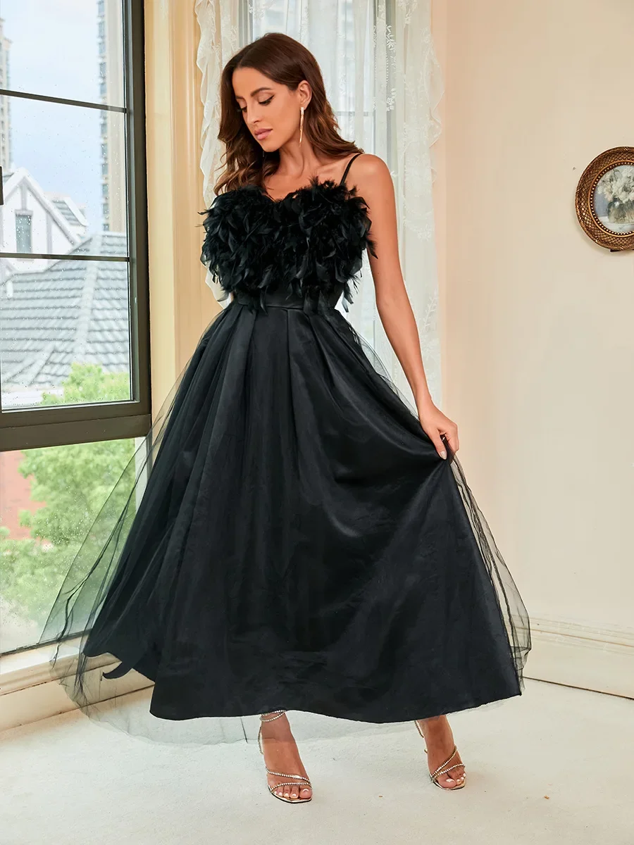 

Feather Party Dress Women Sexy Elegant Lady Evening Club Sleeveless Off Shoulder Slit Long Dresses Vestidos Black Night Evening
