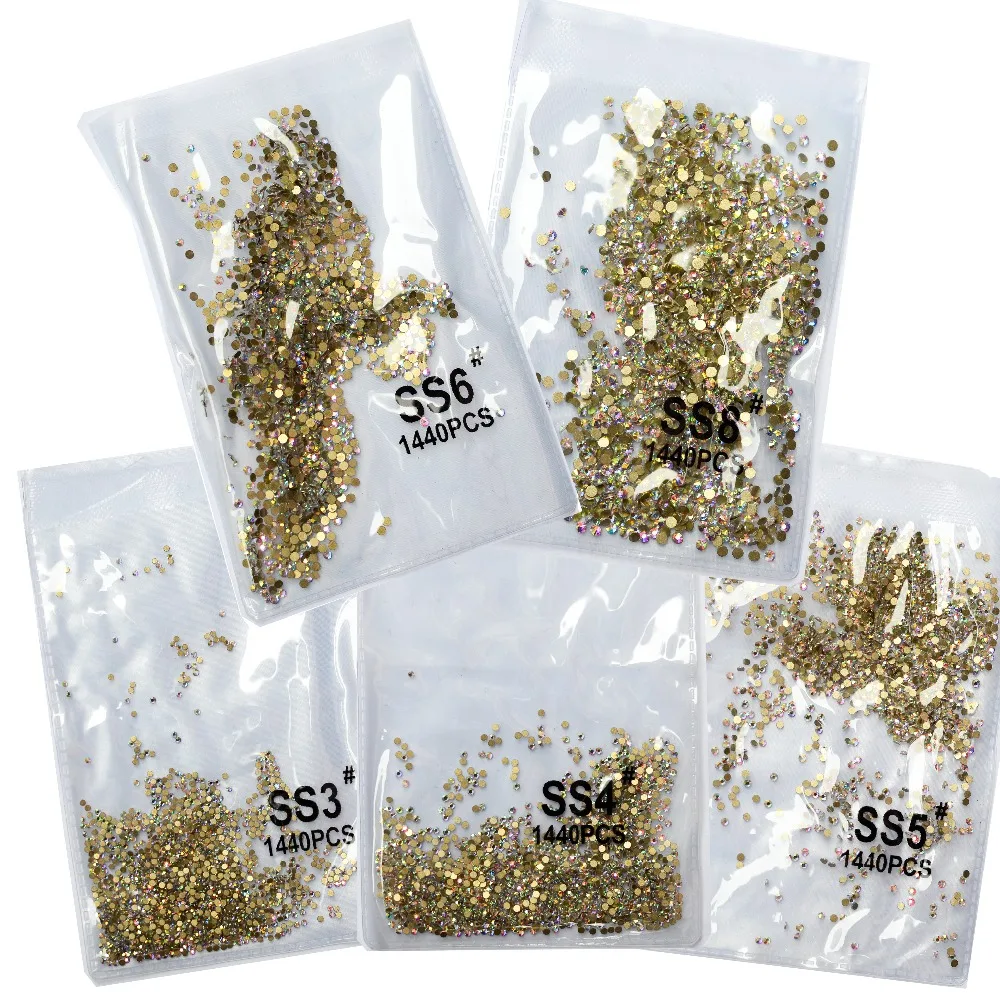 SS3-ss8 1440pcs Clear Crystal AB gold  3D Non HotFix FlatBack Nail Art Rhinestones Decorations Shoes And Dancing Decoration