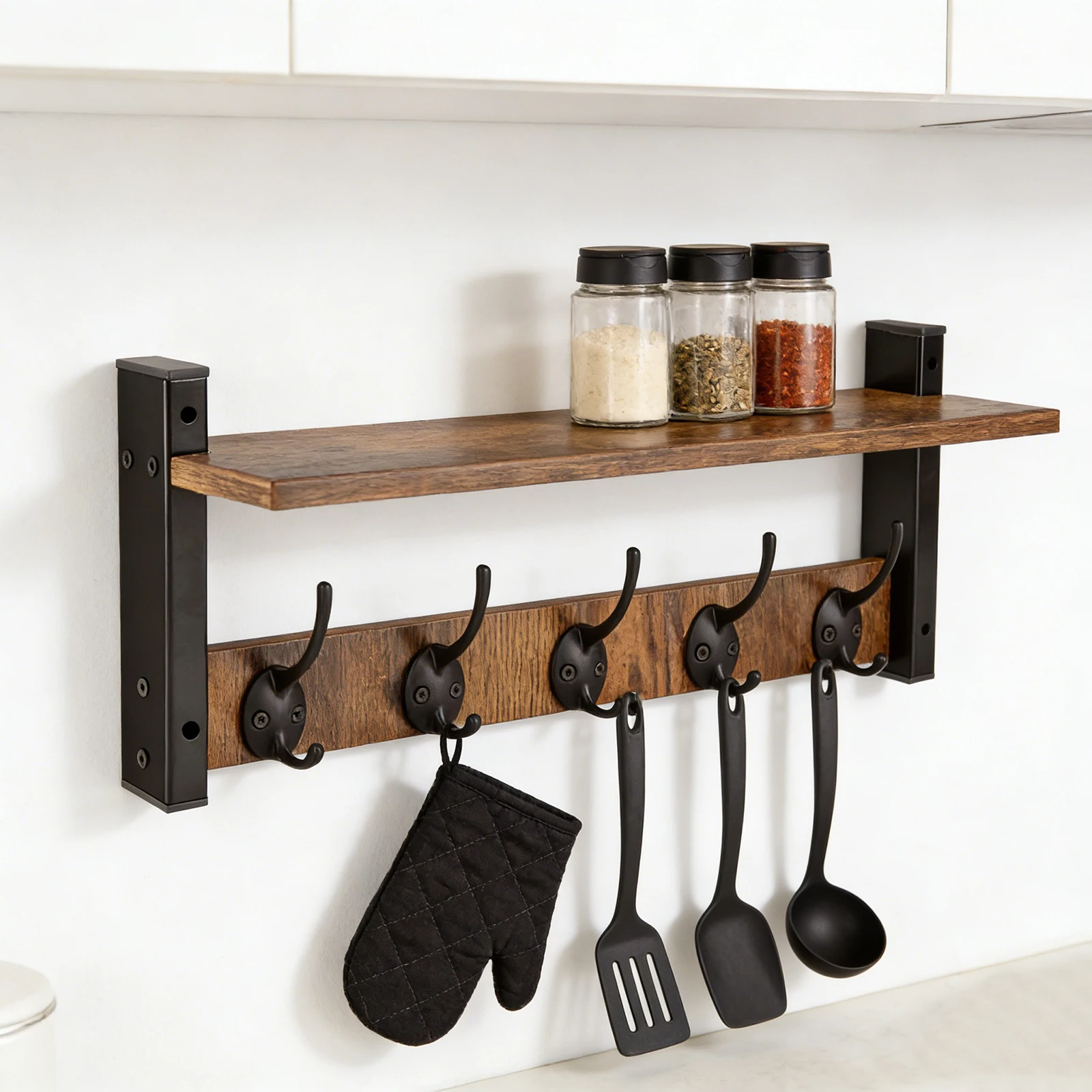 Wooden Coat Rack, Kitchen Storage Rack, Wall Shelf with Hooks for Hanging, Floating Shelf, Non-Slip Hanger, Suitable for Kitchen and Entryway, Handbag and Key Hooks.