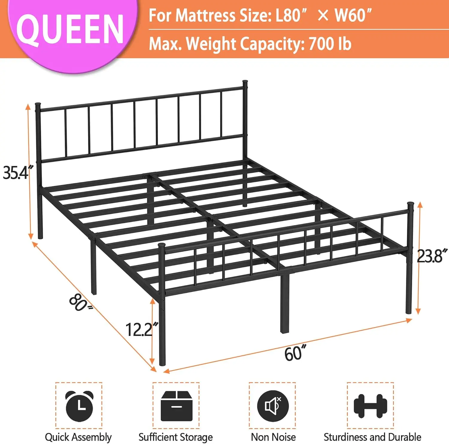 

Queen Bed Frame-Classic Metal Platform Bed Frame,Mattress Foundation with Steel Slat Support,Under Foundation Storage