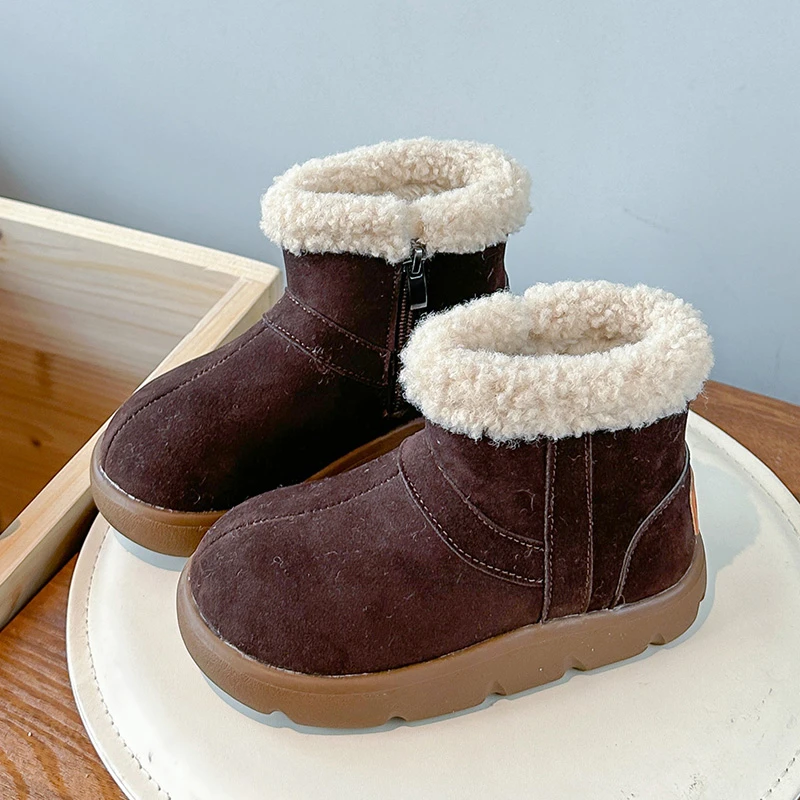 Winter New Kids Warm Ankle Boots Causal Outdoor Girls Furry Plush Boots Soft Side Zipper Fashion Children Cotton Boots Non-slip
