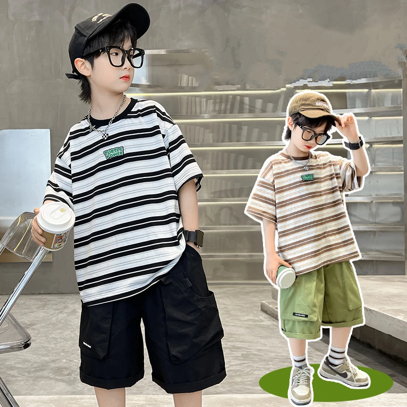 

Children 2026 New Summer Striped Clothing Set Top And Bottom Suit for Tween Boys Casual Tracksuit Tshirt Shorts Kids Clothes Set
