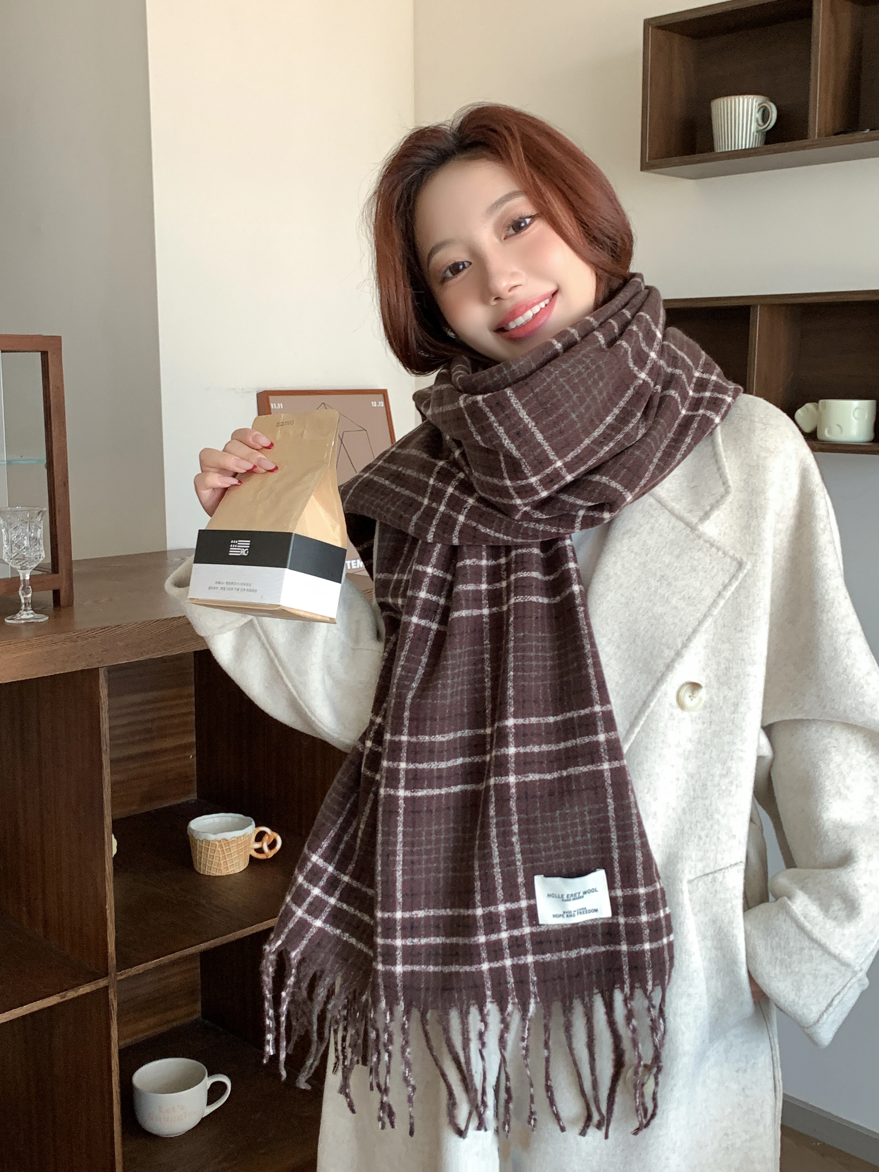 Retro New High-Grade Scarf Plaid Winter All-Matching Shawl Korean Thick Warm