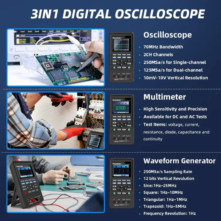 2D72 Handheld Oscilloscope 70MHz Waveform Generator Multimeter 3 in 1 Multifunction Tester 2CH+AFG+DMM Comes with 2 Probes